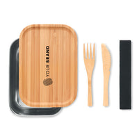 Custom branded eco bamboo lunch box set opened showing bamboo lid with logo, stainless tray and bamboo utensils
