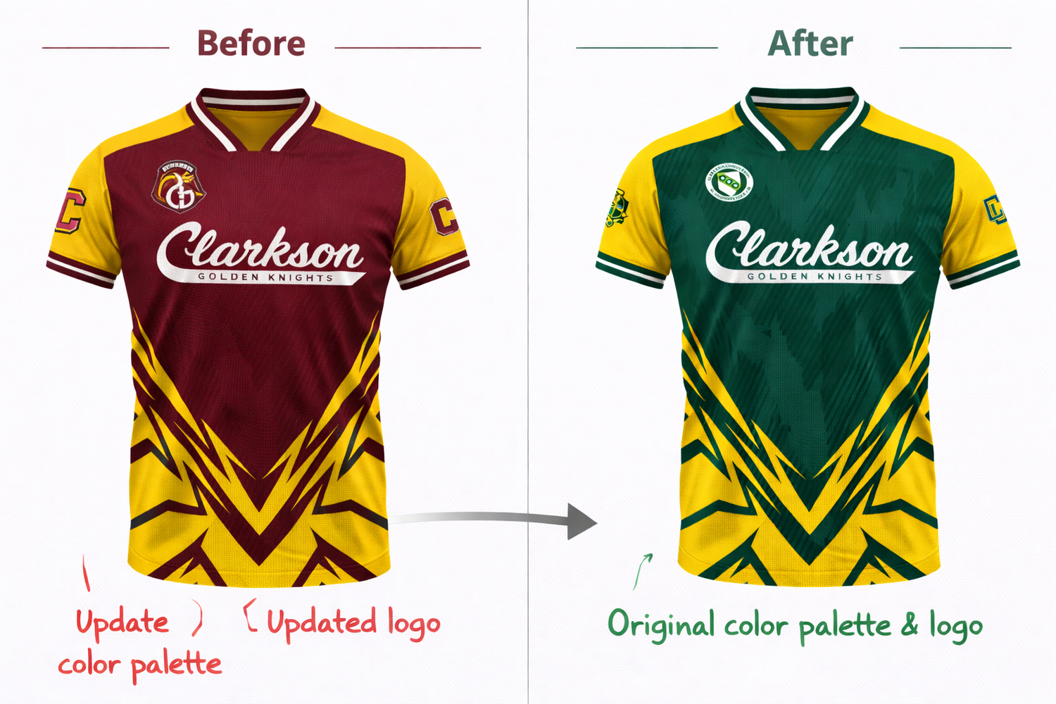 Before and after comparison of a sports jersey with updated design elements.