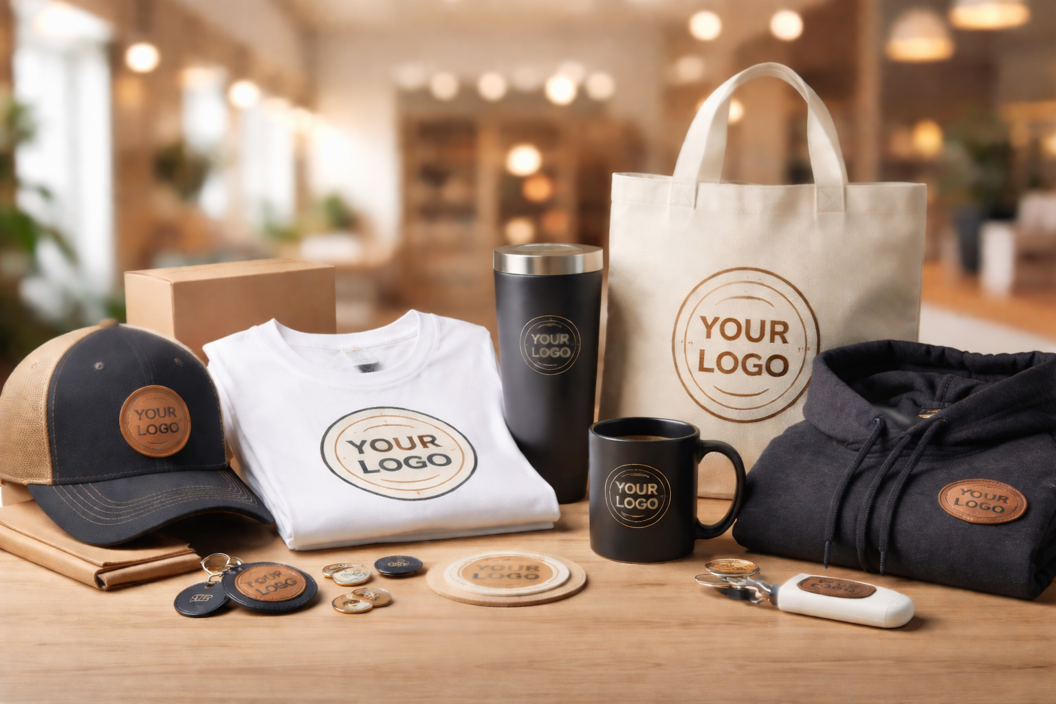 Promotional products with 'YOUR LOGO' on a wooden table.