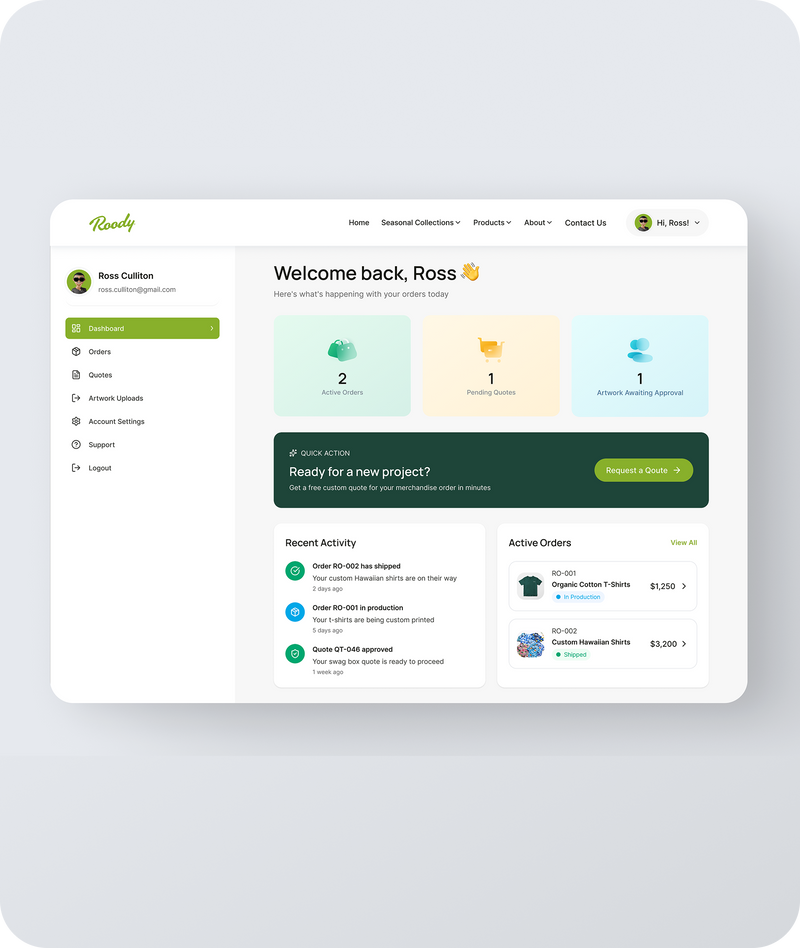 User interface of a digital platform with a welcome message and project management features.