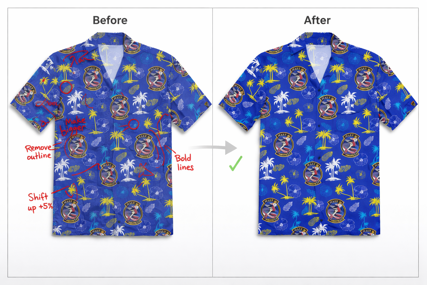 Before and after comparison of a blue shirt with colorful patterns on a white background.