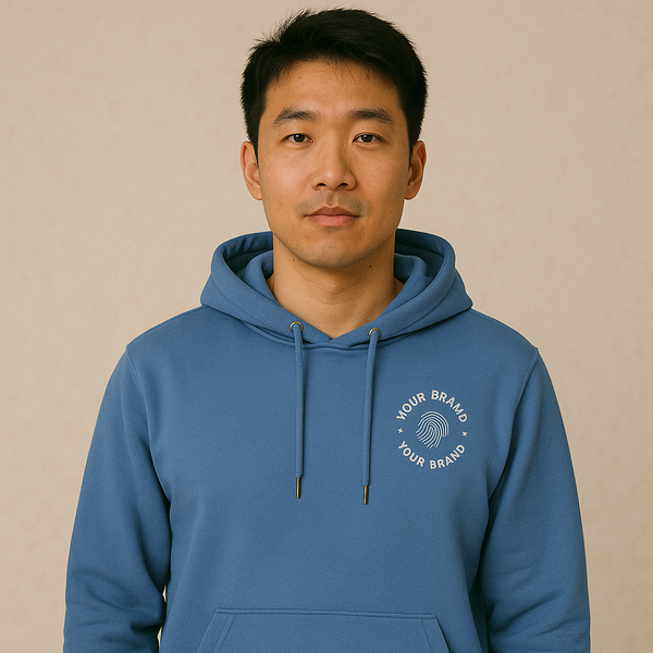 Model wearing custom branded blue pullover hoodie with company logo on chest
