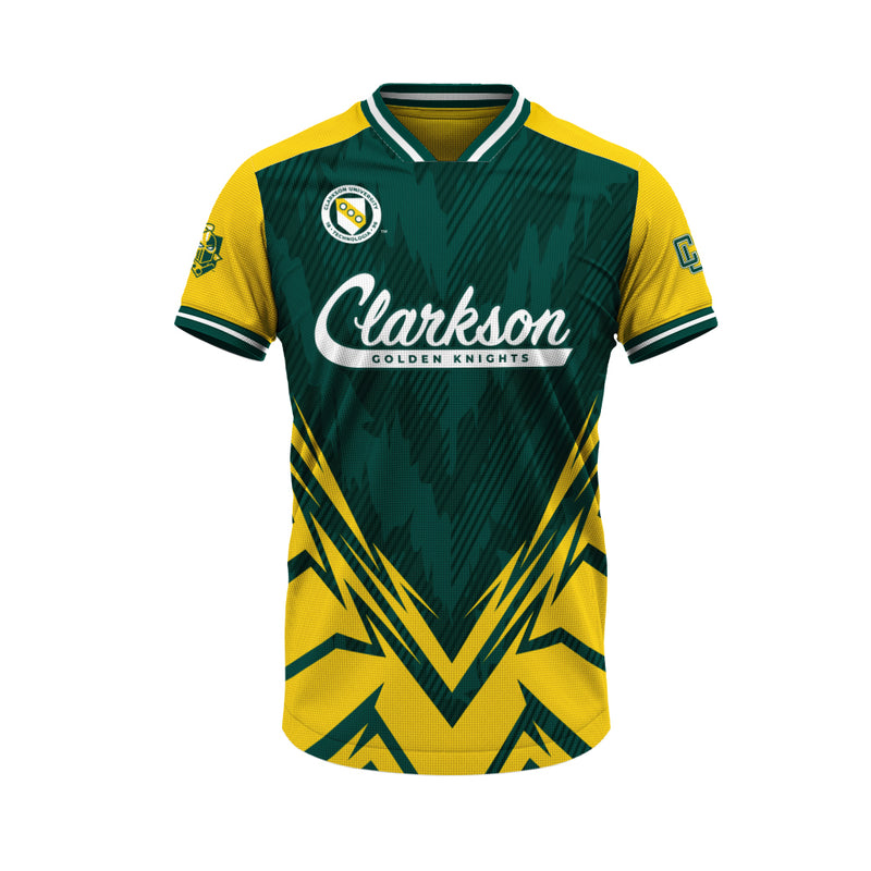 Green and yellow sports jersey with 'Clarkson Golden Knights' text on a white background
