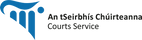 Logo of the Courts Service with a blue and black design on a white background