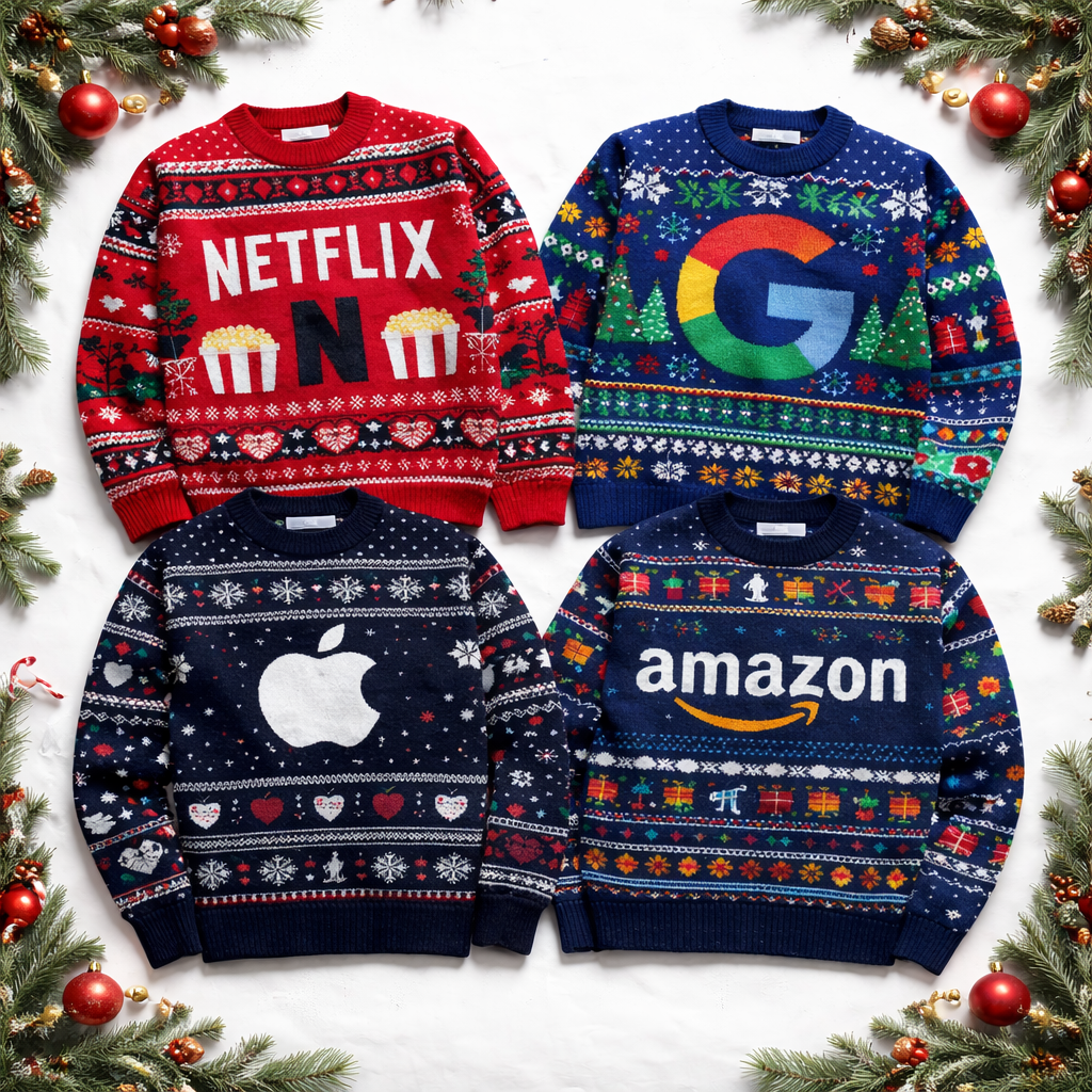 Four Christmas sweaters with brand logos on a white background with festive decorations.