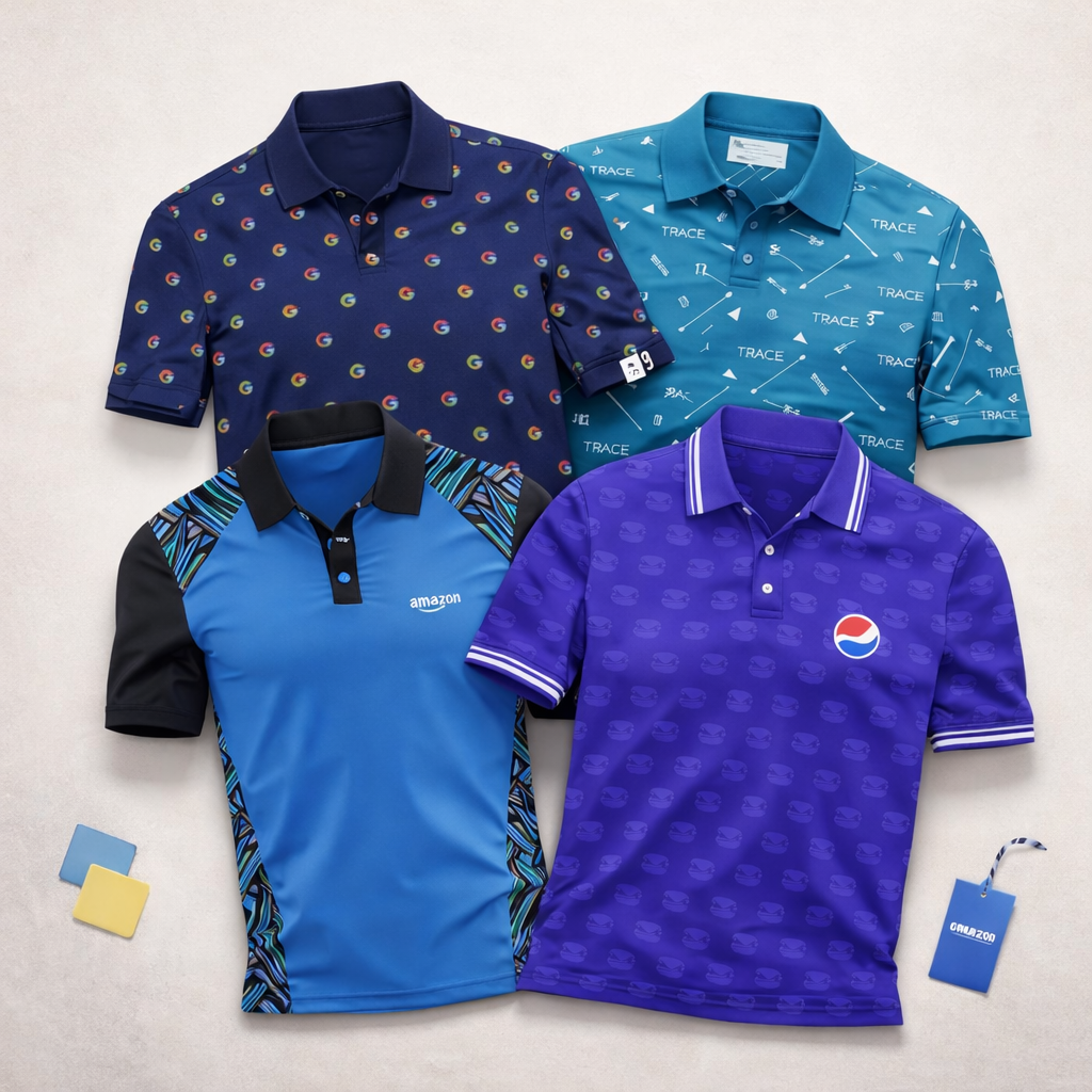 Four polo shirts with different designs and logos on a light gray background