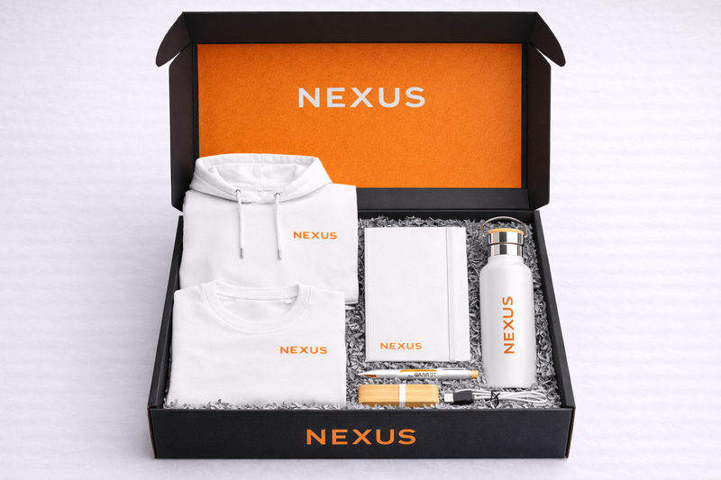 Gift set with 'Nexus' branding including a shirt, box, and bottle on an orange background.