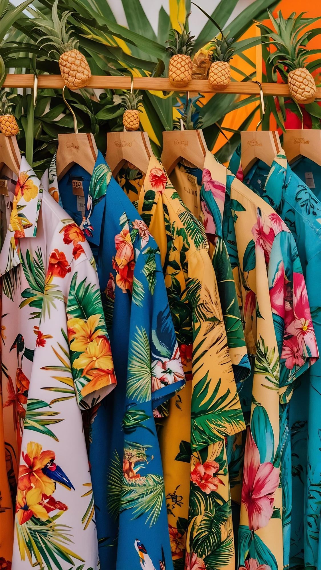 Colorful tropical patterned shirts on hangers against a vibrant background
