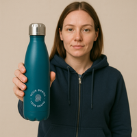 Person holding custom branded teal Ecoset insulated bottle with logo – Roody sustainable drinkware Ireland