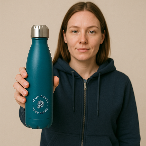 Person holding custom branded teal Ecoset insulated bottle with logo – Roody sustainable drinkware Ireland