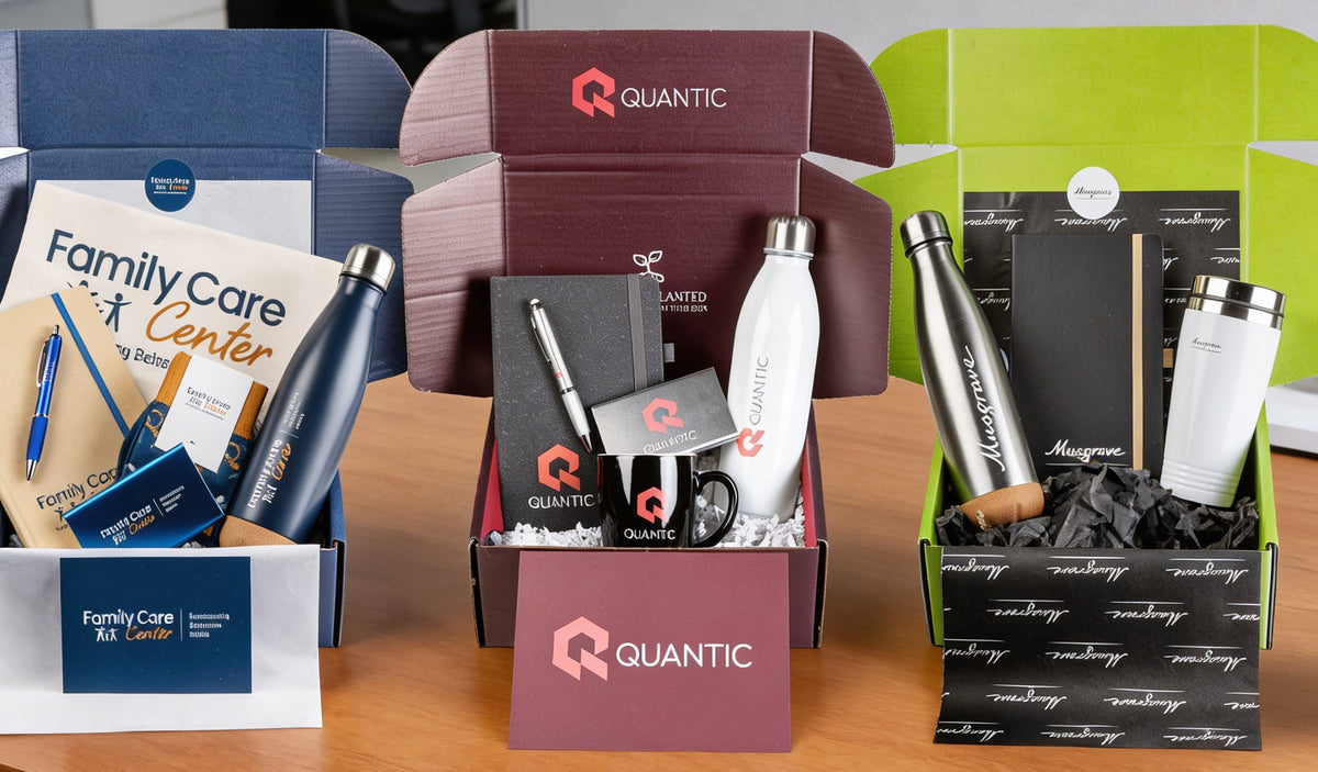 Promotional items including water bottles and branded merchandise displayed in boxes on a table.