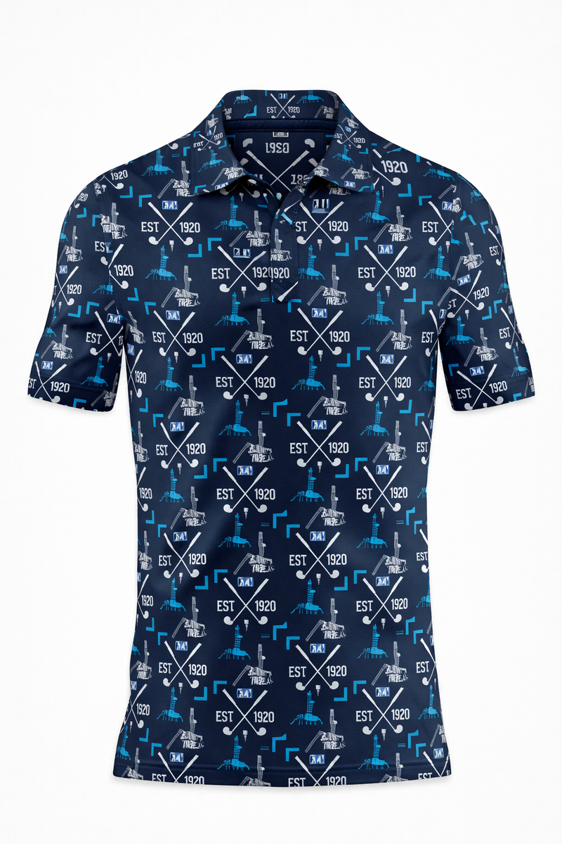 Navy blue polo shirt with white and blue pattern on a white background