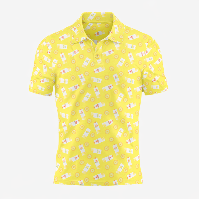 Yellow polo shirt with a pattern on a white background