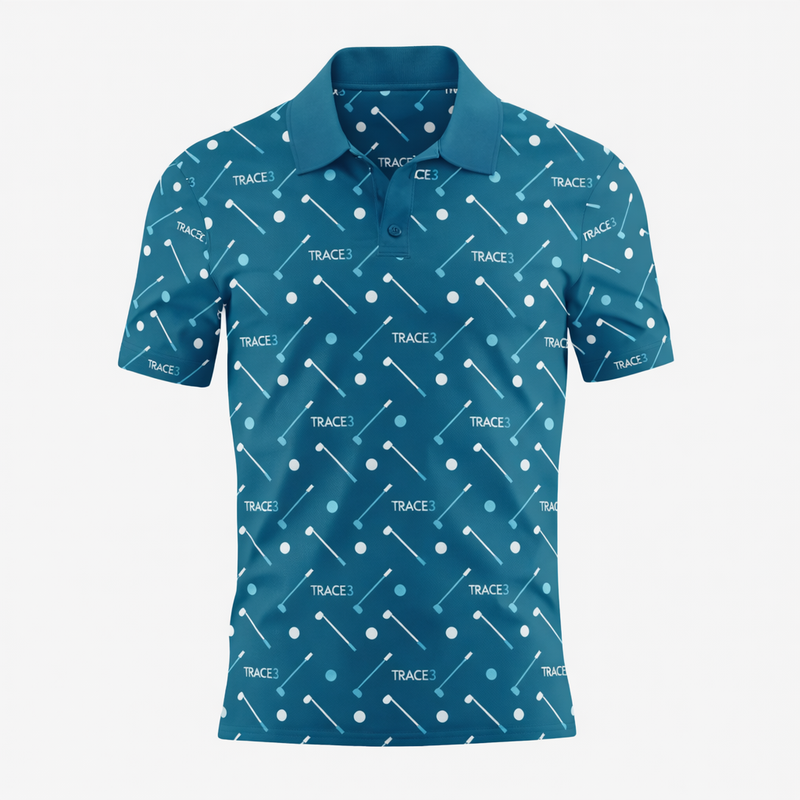 Blue polo shirt with white pattern on a white background