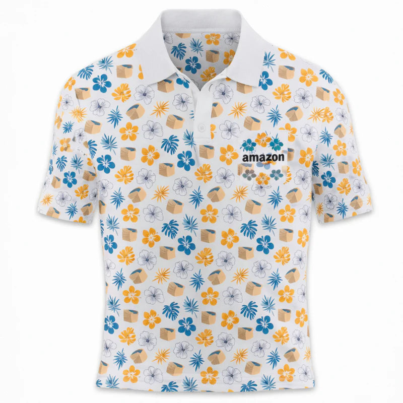 Floral patterned polo shirt with Amazon logo on a white background