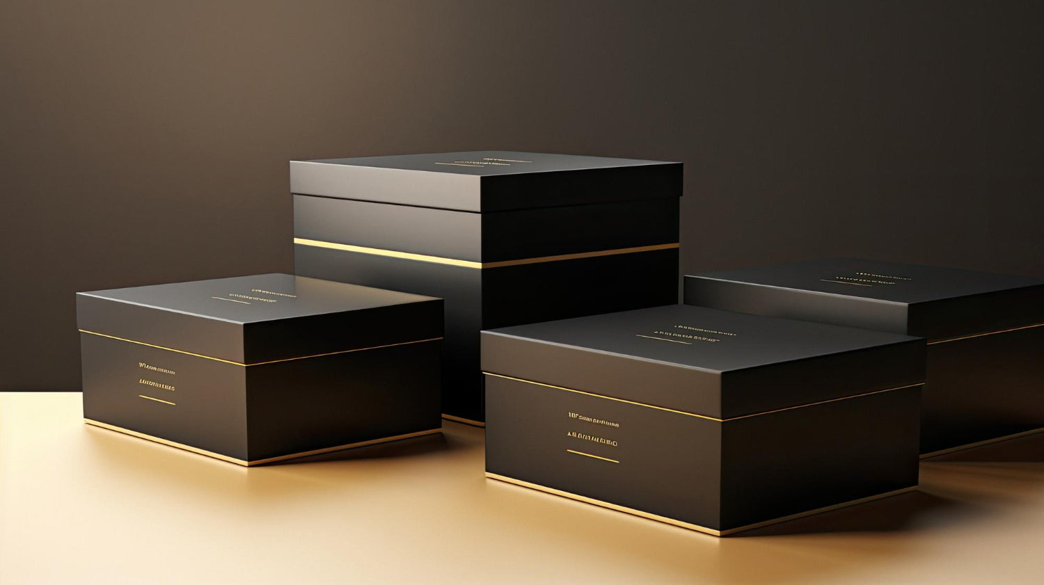 Set of black boxes with gold accents on a dark background