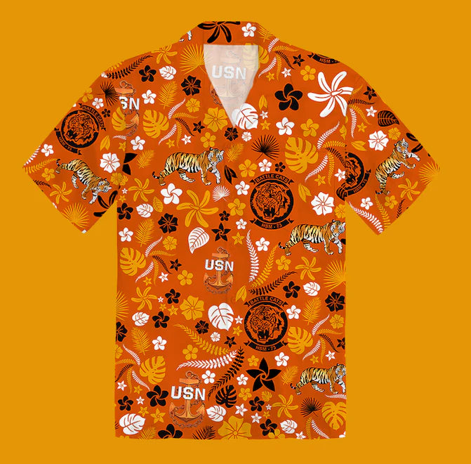 Orange shirt with tiger and floral pattern on a yellow background