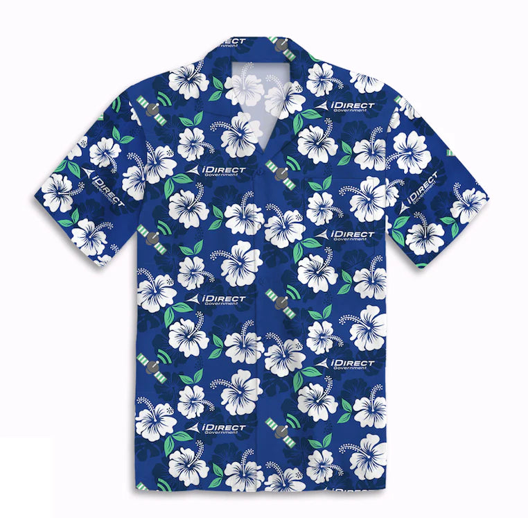 Blue shirt with white floral pattern and 'iDirect' branding on a white background