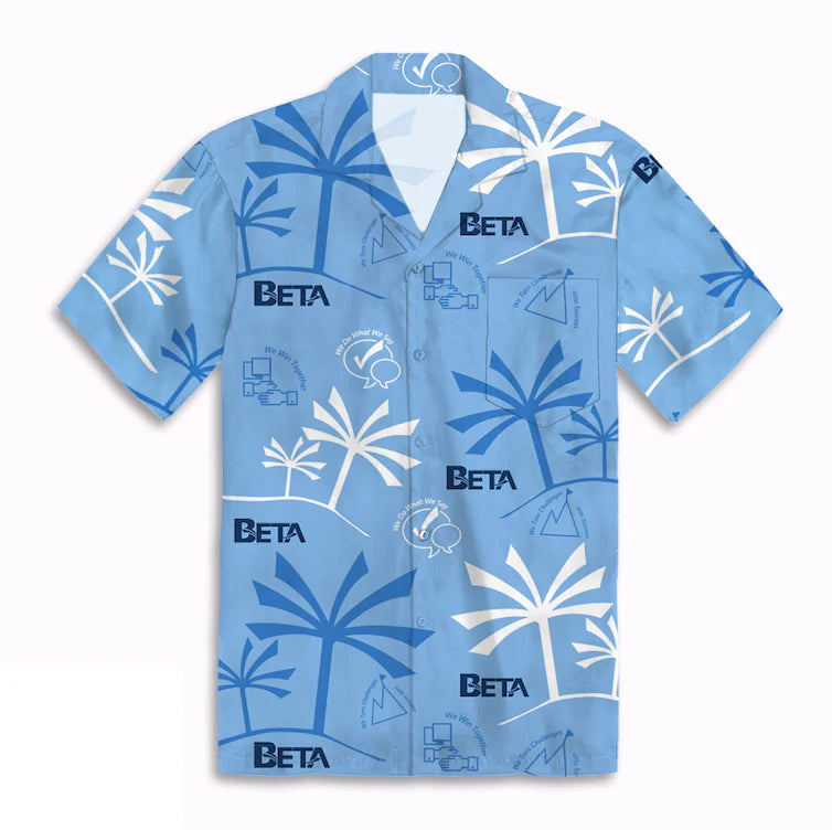 Blue shirt with white palm tree patterns and 'Beta' branding on a white background