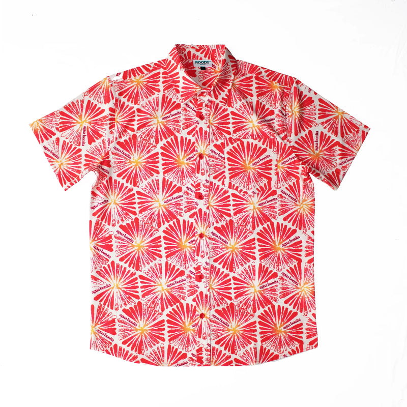 Red and white floral patterned shirt on a white background