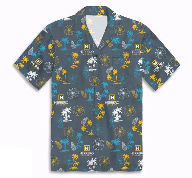 Shirt with tropical pattern and 'Herrero' branding on a white background