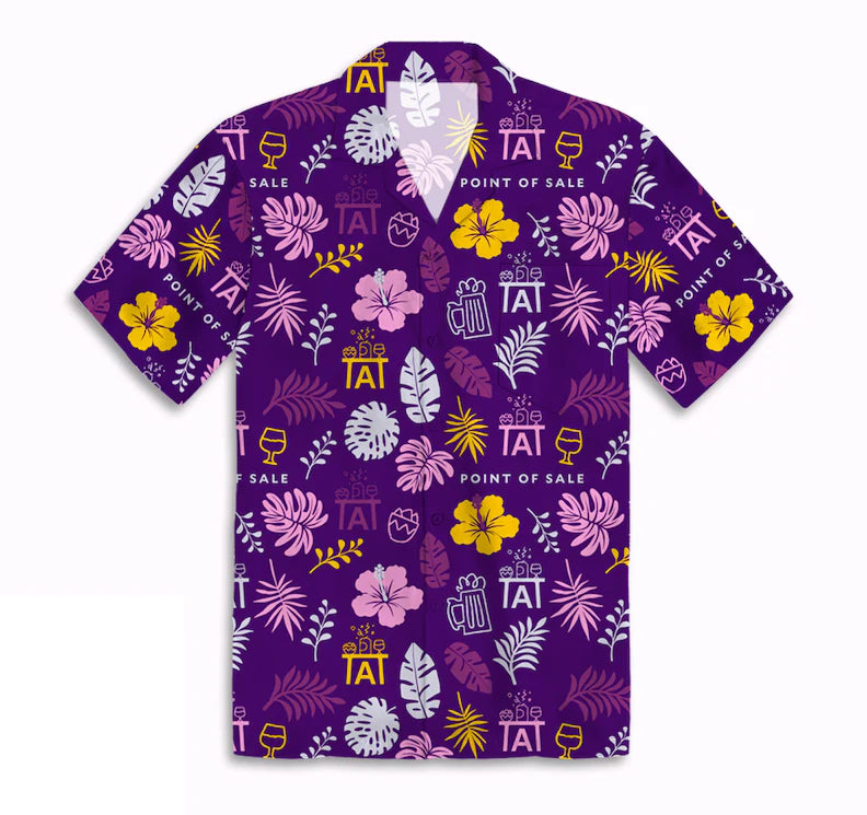Purple shirt with floral and logo pattern on a white background