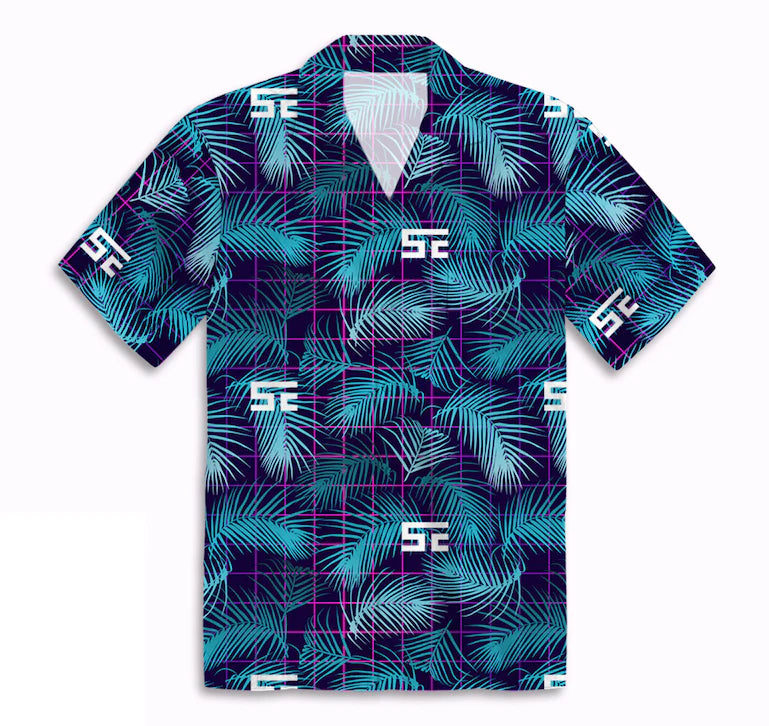 Short-sleeve shirt with palm leaf pattern and brand logo on a white background