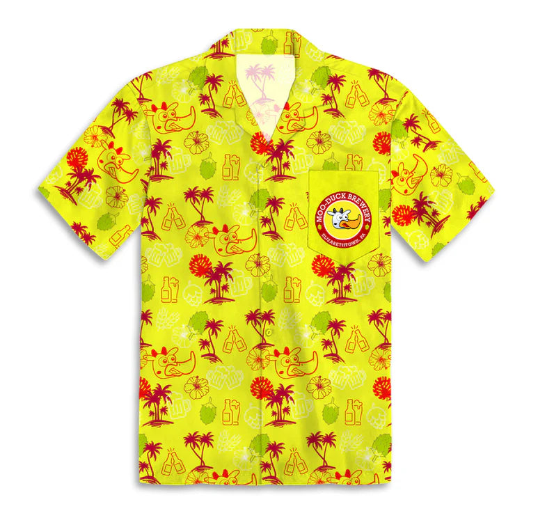Yellow Hawaiian shirt with red and green patterns on a white background