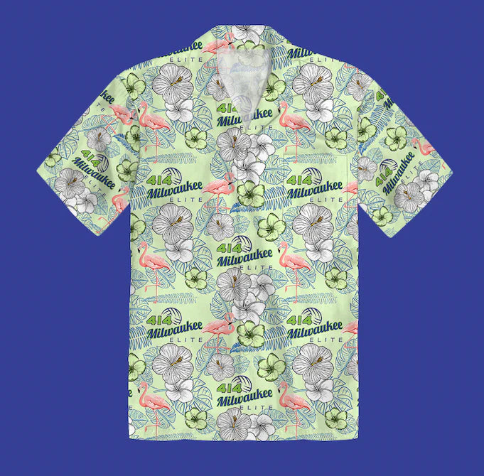 Hawaiian shirt with floral and 'Milwaukee' pattern on a blue background