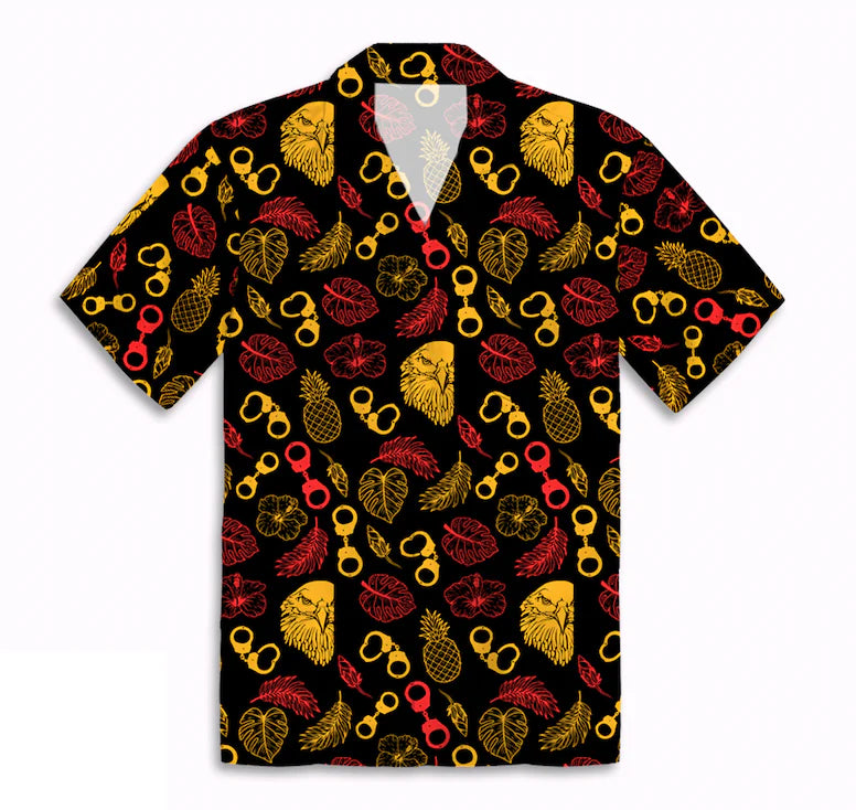 Colorful patterned shirt with red, yellow, and black design on a white background