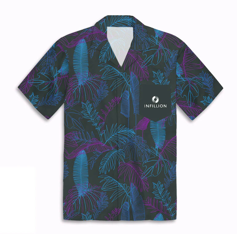 Short-sleeve shirt with tropical leaf pattern and Infillion logo on a white background