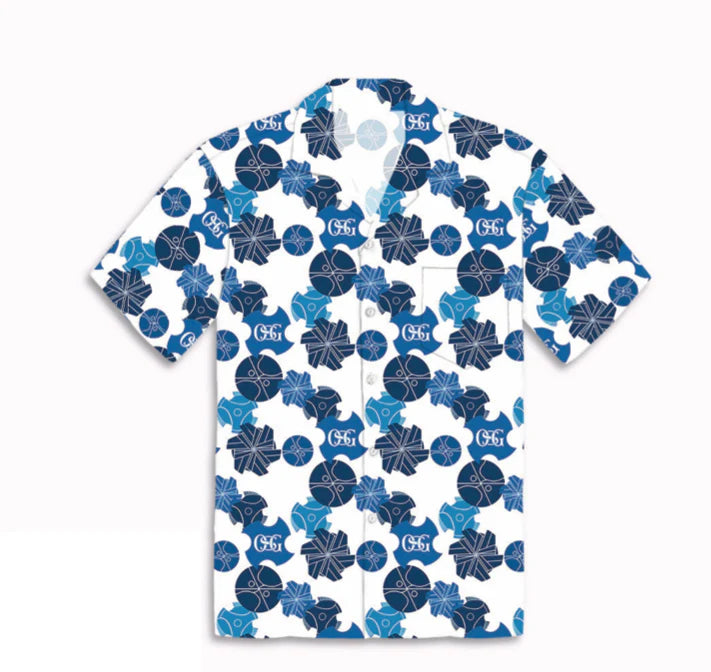 White t-shirt with blue floral pattern on a white background