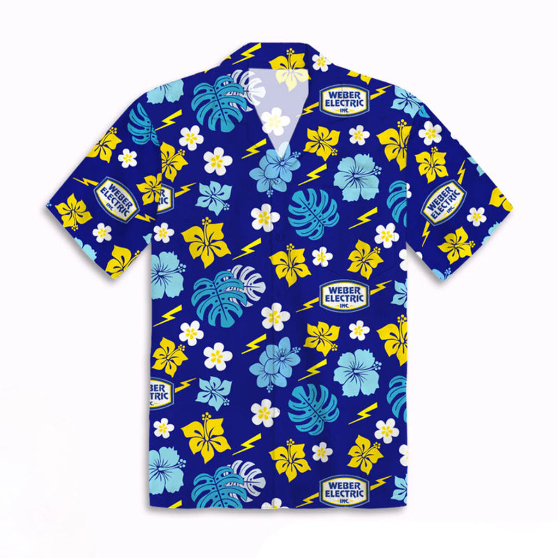 Blue shirt with colorful floral and lightning bolt pattern on a white background