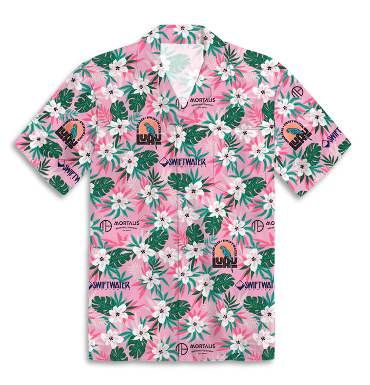 Pink Hawaiian shirt with floral design and custom logos