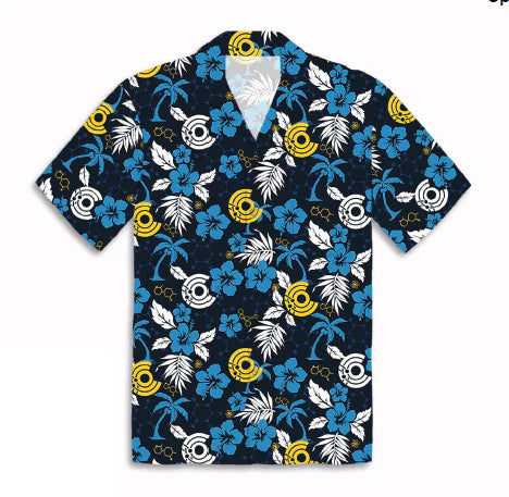 Hawaiian-style shirt with floral and palm tree pattern on a white background