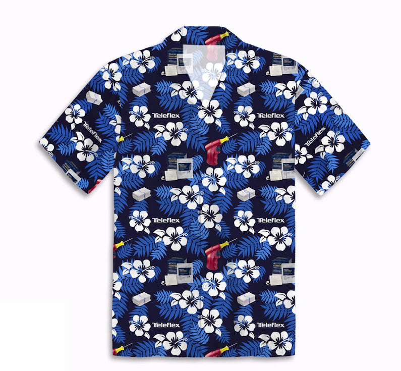 Short-sleeve shirt with a blue and white pattern on a white background