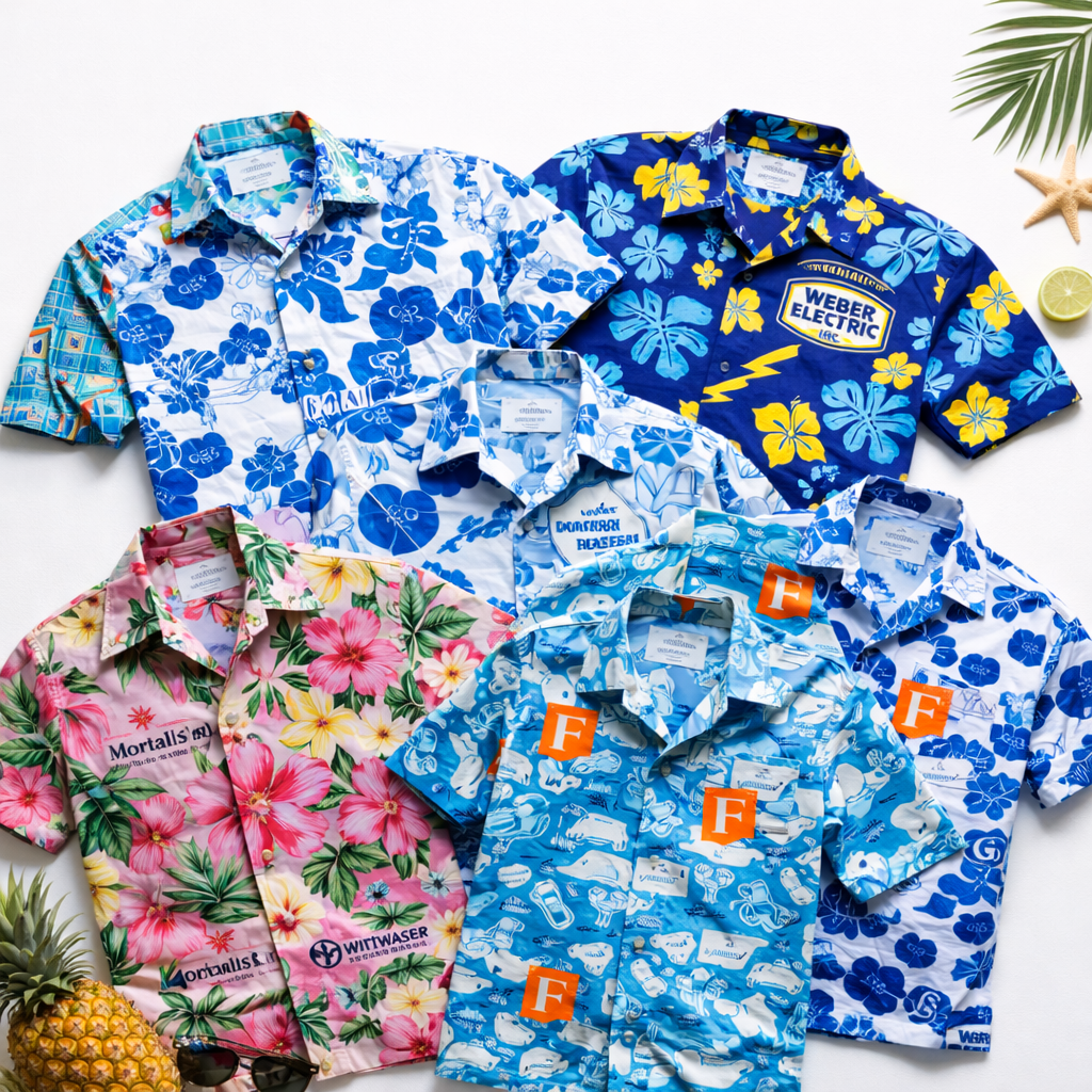 Collection of colorful floral and patterned shirts on a white background with decorative elements.