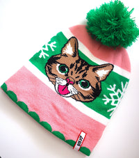Pink and green Christmas beanie with cat design and pom-pom