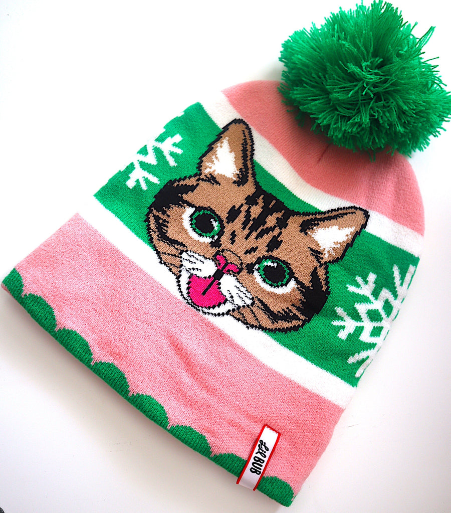 Pink and green Christmas beanie with cat design and pom-pom