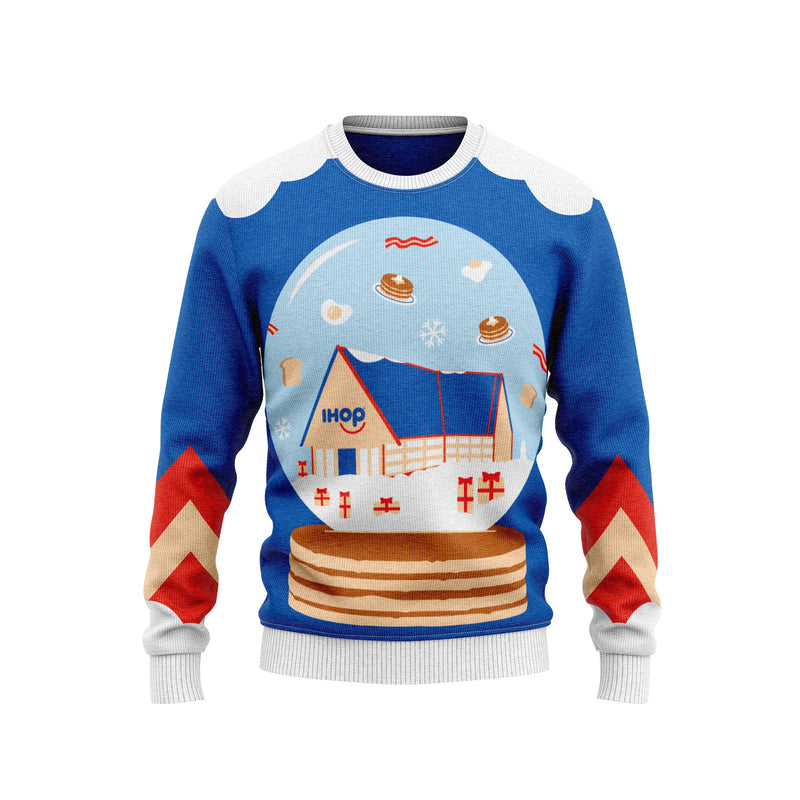 Blue IHOP ugly Christmas sweater with snow globe and pancakes design
