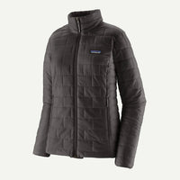 Dark gray quilted jacket with a brand logo on a white background