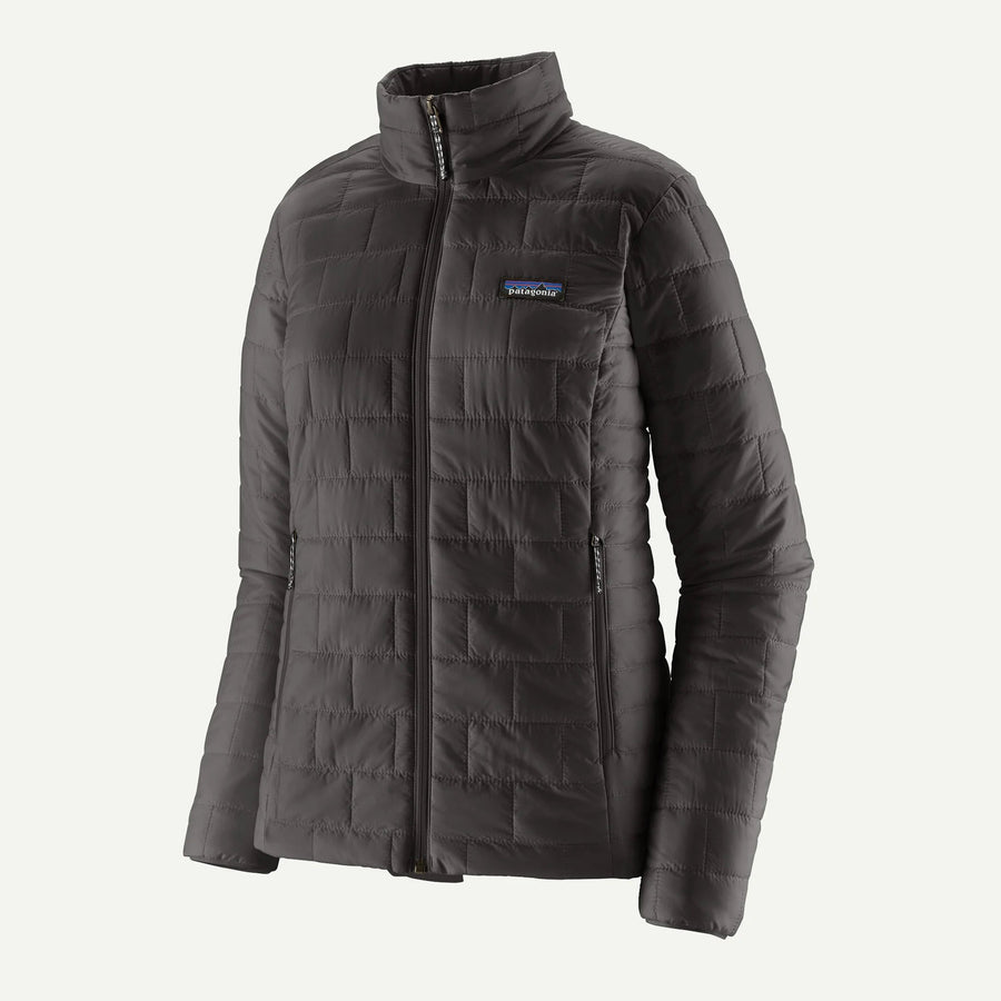 Dark gray quilted jacket with a brand logo on a white background