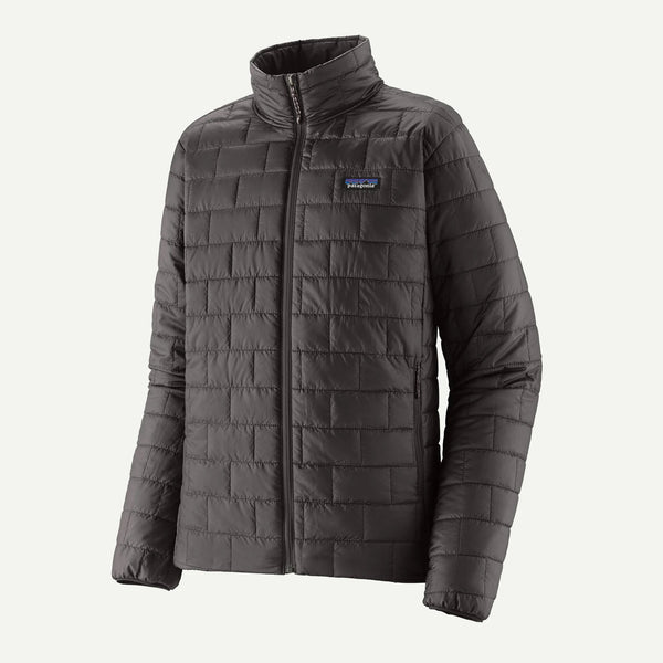 Gray quilted jacket with a brand logo on a white background
