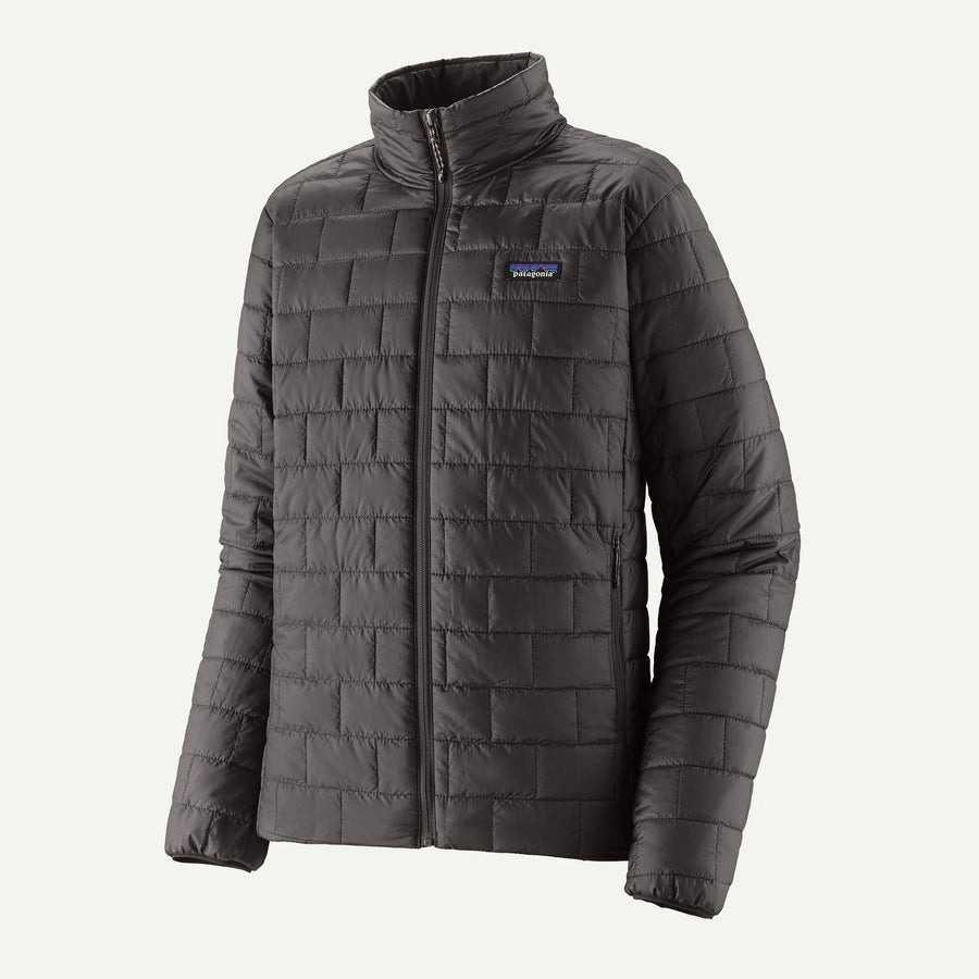 Gray quilted jacket with a brand logo on a white background