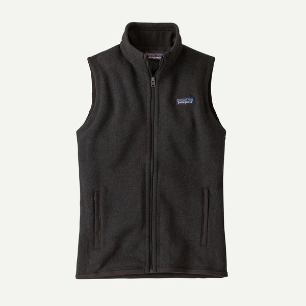 Black fleece vest with a brand logo on a white background