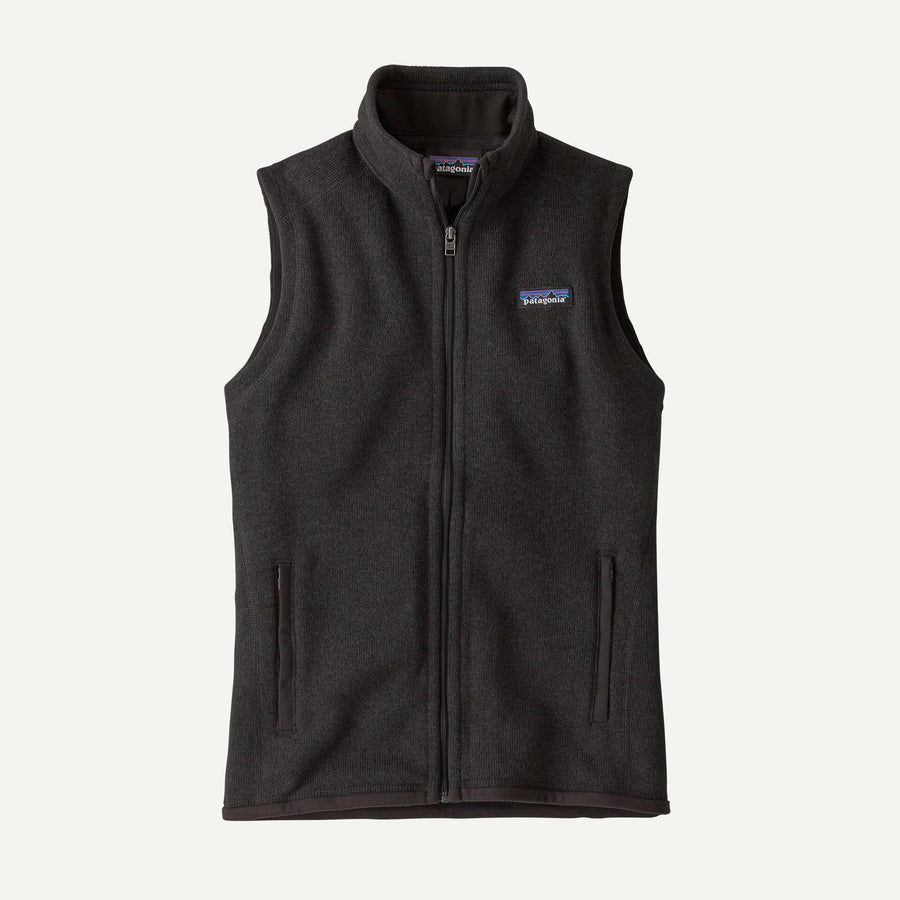 Black fleece vest with a brand logo on a white background