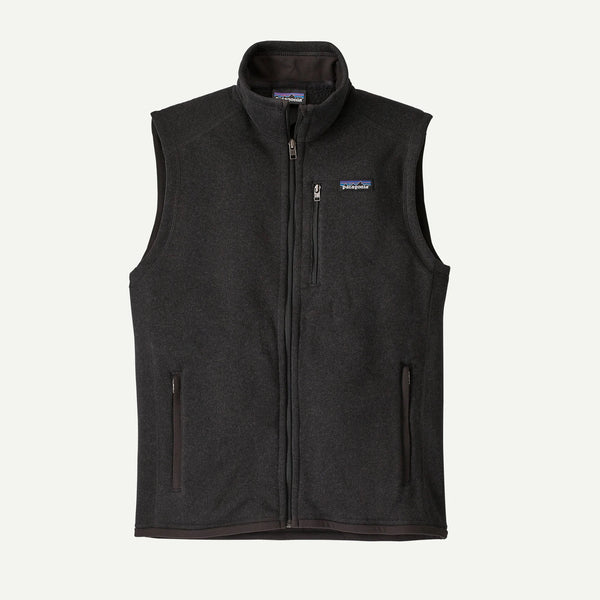 Black fleece vest with a brand logo on a white background