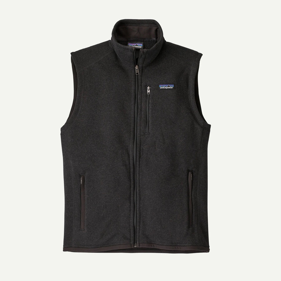 Black fleece vest with a brand logo on a white background
