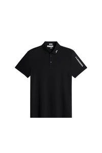Black polo shirt with brand logo on a white background
