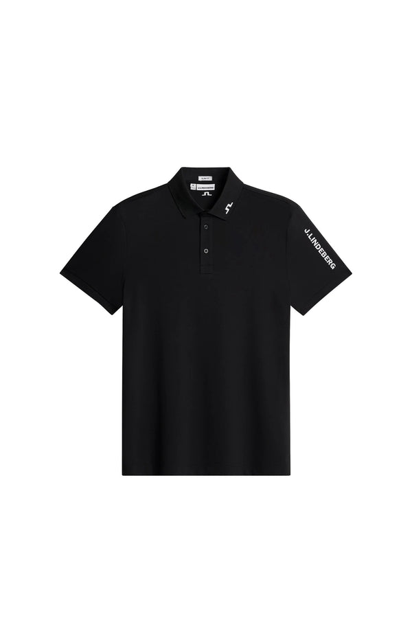 Black polo shirt with brand logo on a white background